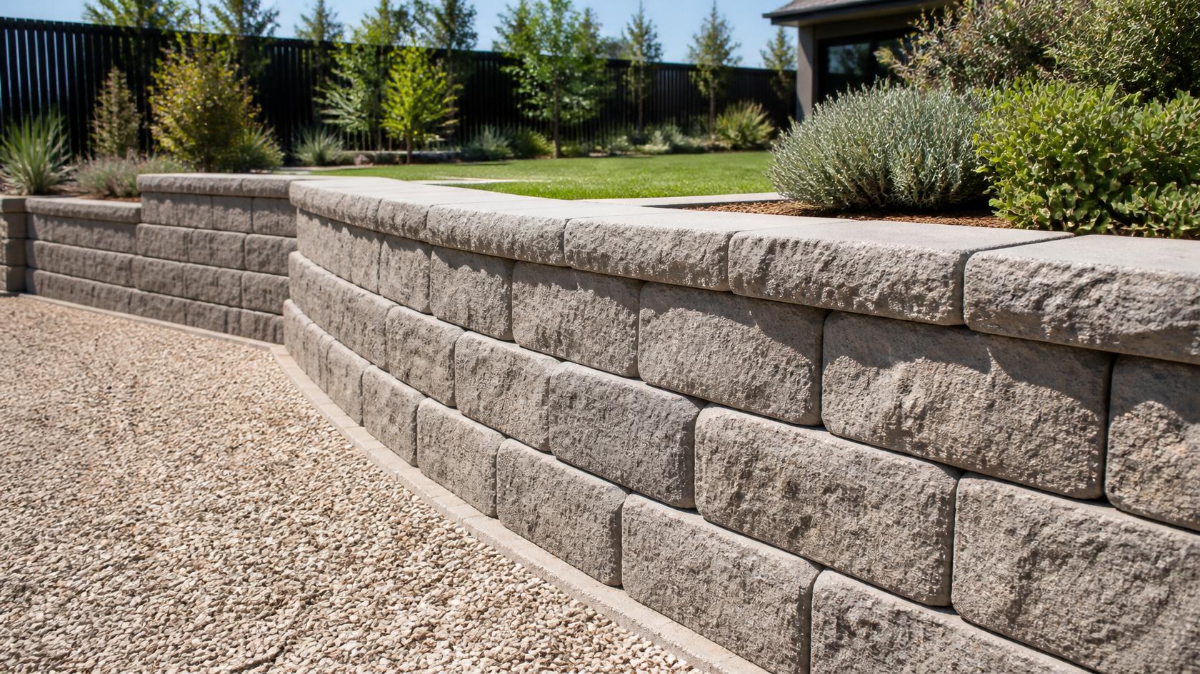 Cross-section diagram of retaining wall drainage: road base footing, blue metal drainage layer