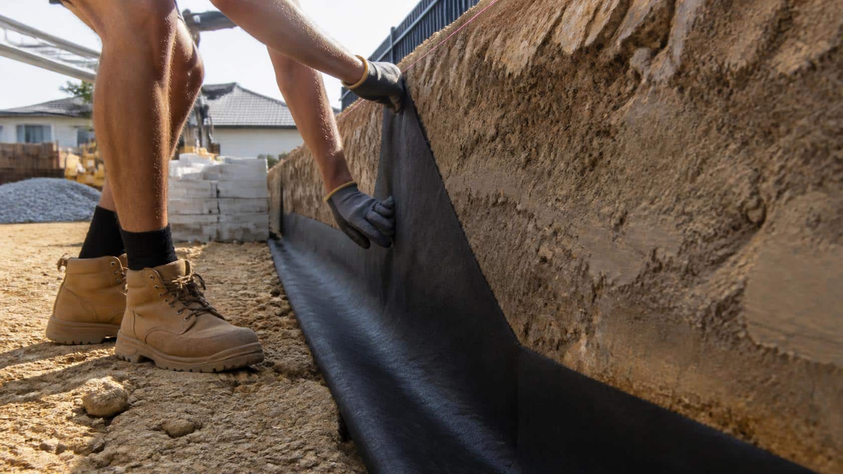 Geotextile fabric being installed behind a retaining wall before backfilling